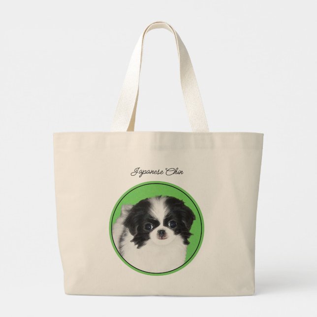 Japanische Chin Puppy-Malerei Originale Hundkunst Jumbo Stoffbeutel (Rückseite)
