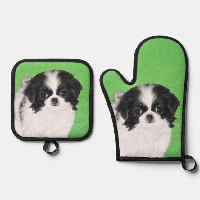 Japanische Chin Puppy-Malerei Originale Hundkunst Ofenhandschuh & Topflappen-Set (Vorderseite)