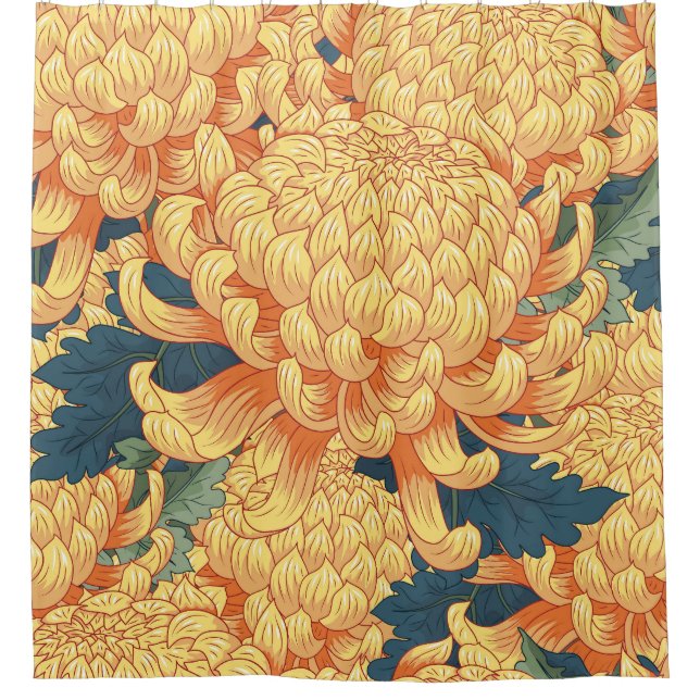 Japanische Chrysanthemen: gelbes Blumenmuster. Duschvorhang (Vorderseite)