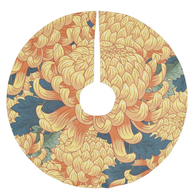 Japanische Chrysanthemen: gelbes Blumenmuster. Polyester Weihnachtsbaumdecke (Vorderseite)