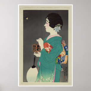 Japanische Dame hält einen Käfig mit Glühwürmern - Poster