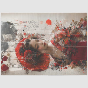 Japanische Dame in rotem Kimono Dekoupage Seidenpapier