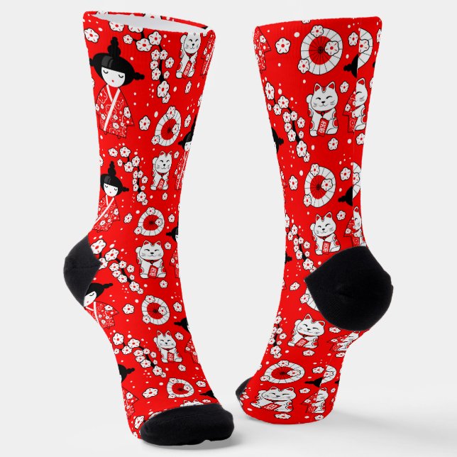 Japanische Dollars - Kokeshi und Maneki Neko Cats Socken (Gewinkelt)