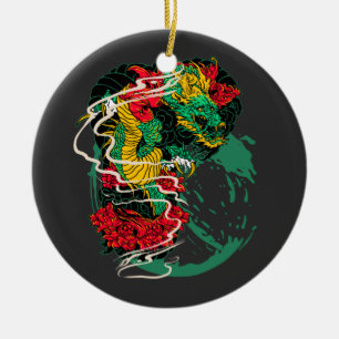 Japanische Drachen-Pfingstrose Traditionelle Tatto Keramik Ornament