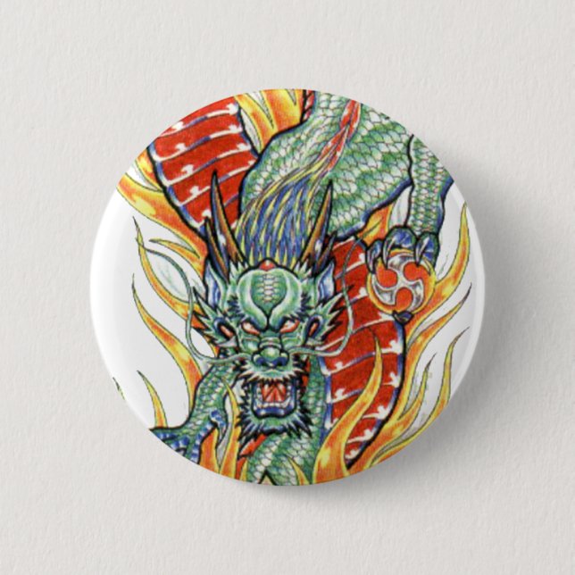 Japanische Drachen- und Lotus-Blume Button (Vorderseite)