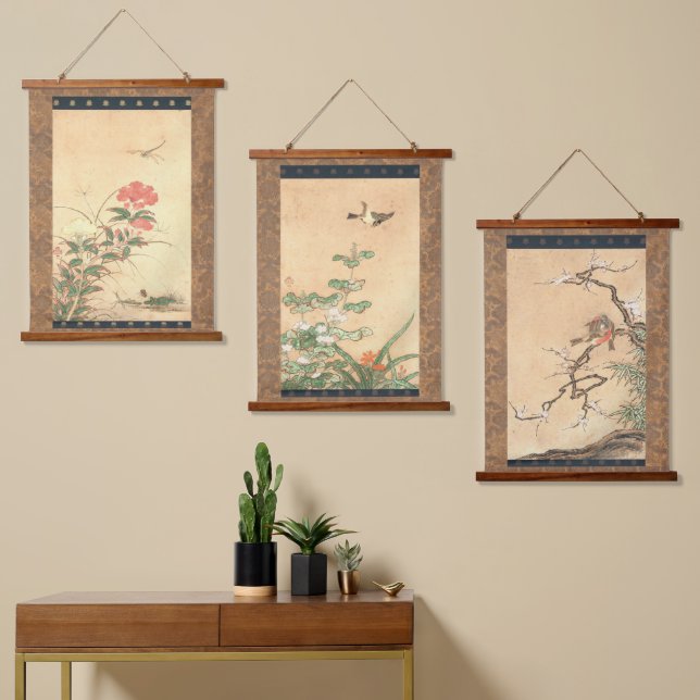 Japanische Edo Periode Kano Motonobu Vögel & Blume Wandteppich Mit Holzrahmen (Asymmetrisch)