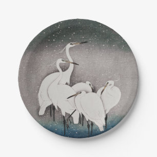 Japanische Egrets Cranes Bird Winter Snow Art Pappteller