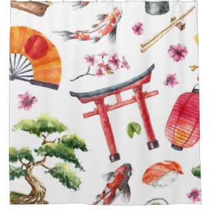 Japanische Elemente Wasserfarbe Nahtlose Textur Duschvorhang