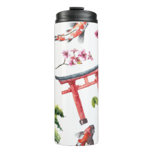 Japanische Elemente Wasserfarbe Nahtlose Textur Thermosbecher