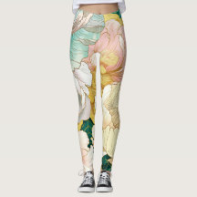 Japanische Florale Türkis-Gold-Leggings