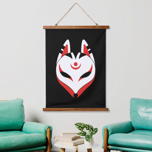 Japanische Fox-Maske auf schwarz Wandteppich Mit Holzrahmen (Wohnzimmer)