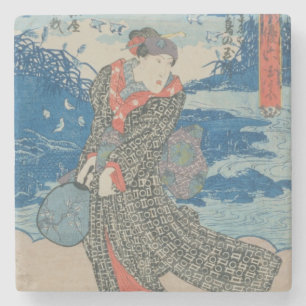 Japanische Frau durch das Meer (Farbewoodblock Steinuntersetzer