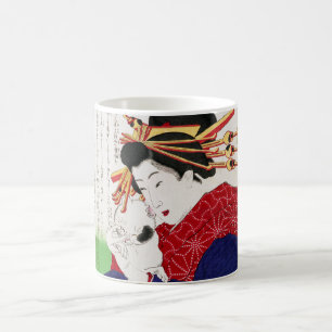Japanische Frau hält eine Katze, Tsukioka Yoshitos Kaffeetasse