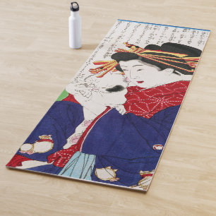 Japanische Frau hält eine Katze, Tsukioka Yoshitos Yogamatte