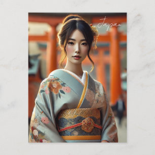 Japanische Frau im traditionellen Kimono Torii Postkarte