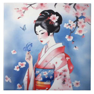 Japanische Frau mit blauem Schmetterling Fliese