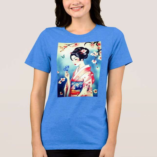 Japanische Frau mit blauem Schmetterling Tri-Blend Shirt (Vorderseite)