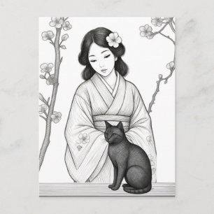 Japanische Frau mit schwarzer Katze Postkarte