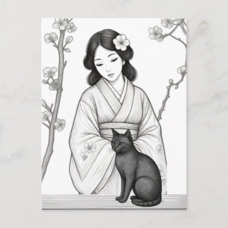 Japanische Frau mit schwarzer Katze Postkarte