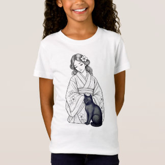 Japanische Frau mit schwarzer Katze T-Shirt