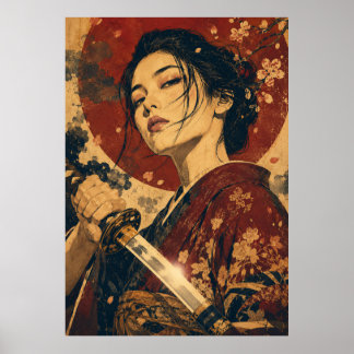Japanische Frau Roter Sonnenportraitposter  Poster