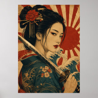 Japanische Frau Roter Sonnenportraitposter  Poster