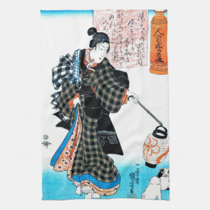 Japanische Frau und Welpen, Kuniyoshi Geschirrtuch