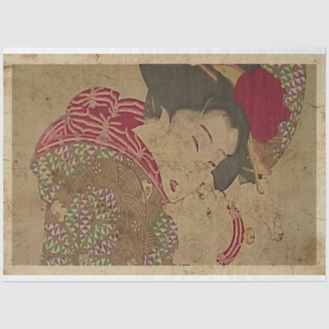 Japanische Frauen mit weißer Katze Ukiyo Art Nr. 6 Seidenpapier (Vorderseite)
