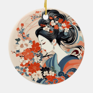 Japanische Geisha & Blume Keramik Ornament