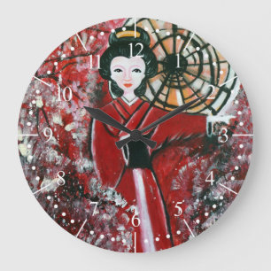 Japanische Geisha in einem roten Kleid, japanisch Große Wanduhr