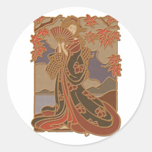Japanische Geisha in Kimono Asiatische Bambuskunst Runder Aufkleber