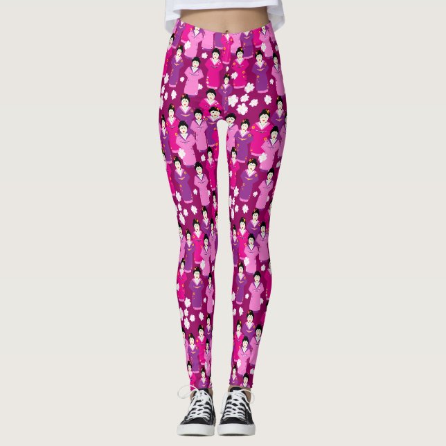 Japanische Geisha in Kimonos rosa Muster Leggings (Vorderseite)
