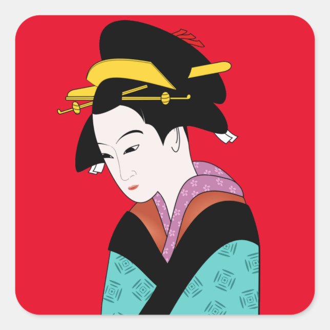 Japanische Geisha Kimono-niedliche Kunst Quadratischer Aufkleber (Vorderseite)