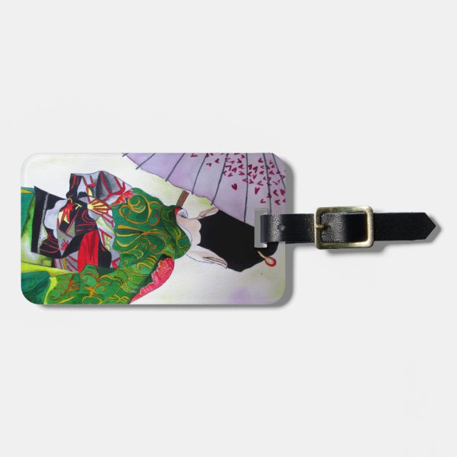 Japanische Geisha-Kunst mit Kimono und Schirm Gepäckanhänger (Vorderseite horizontal)