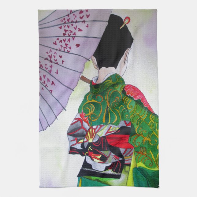 Japanische Geisha-Kunst mit Kimono und Schirm Küchentuch (Vertikal)