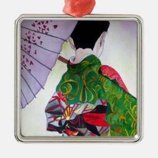 Japanische Geisha-Kunst mit Kimono und Schirm Silbernes Ornament