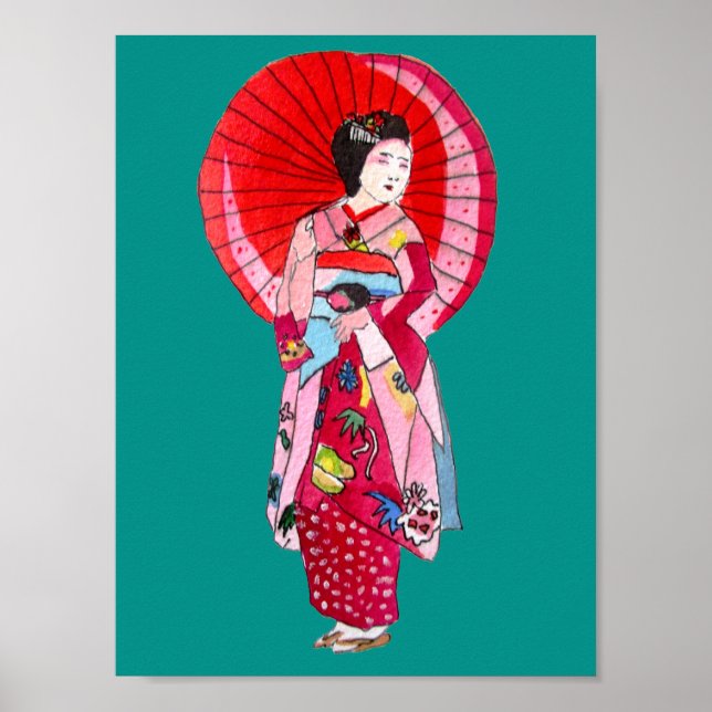 Japanische Geisha-Kunst mit Schirm Poster (Vorne)