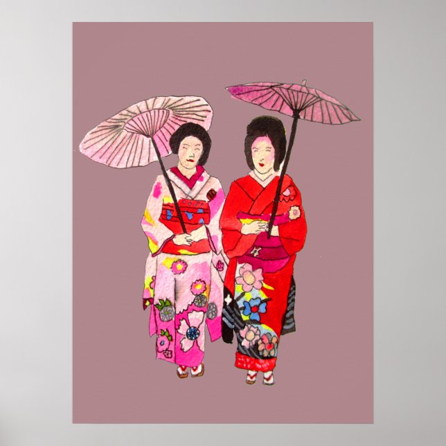 Japanische Geisha-Mädchen mit Schirm-Originalkunst Poster (Vorne)