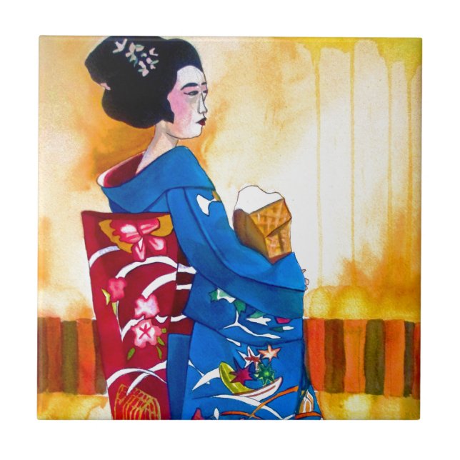Japanische Geisha mit blauem Kimono Fliese (Vorderseite)