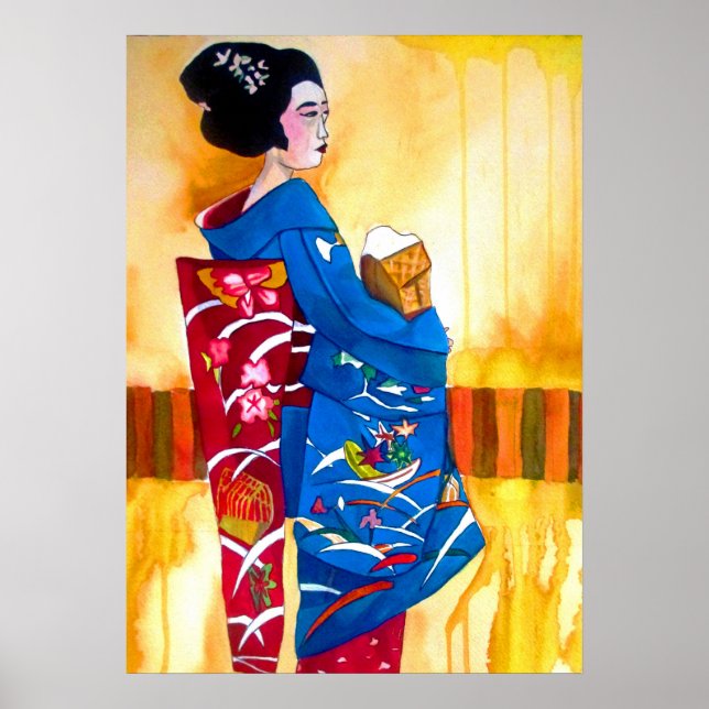 Japanische Geisha mit blauer Kimono-Originalkunst Poster (Vorne)