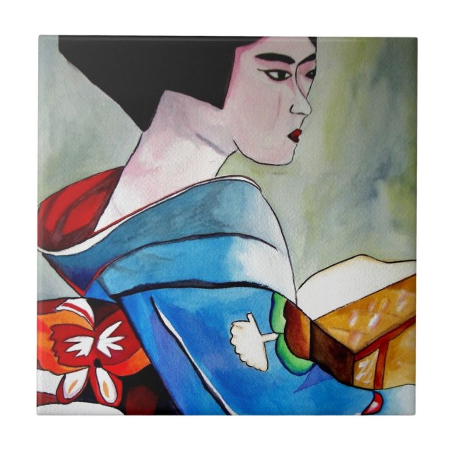 Japanische Geisha mit blauer Kimonovorlagenkunst Fliese (Vorderseite)
