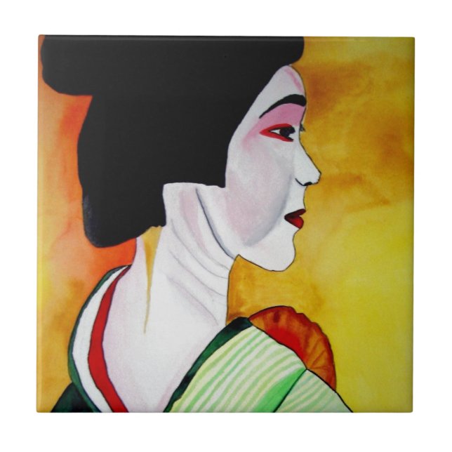 Japanische Geisha mit grüner Kimono-Originalkunst Fliese (Vorderseite)