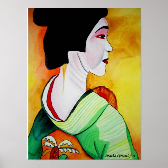 Japanische Geisha mit grüner Kimono-Originalkunst Poster (Vorne)