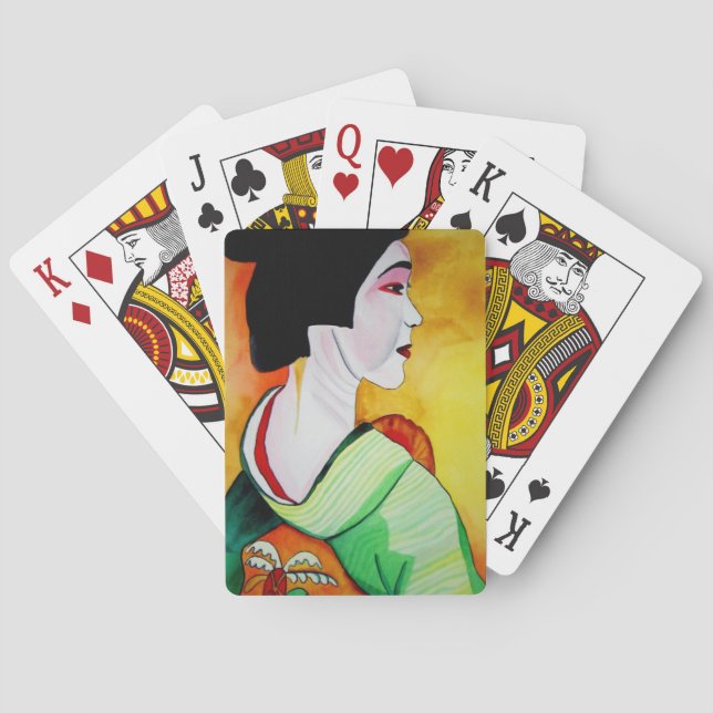 Japanische Geisha mit grüner Kimono-Originalkunst Spielkarten (Rückseite)