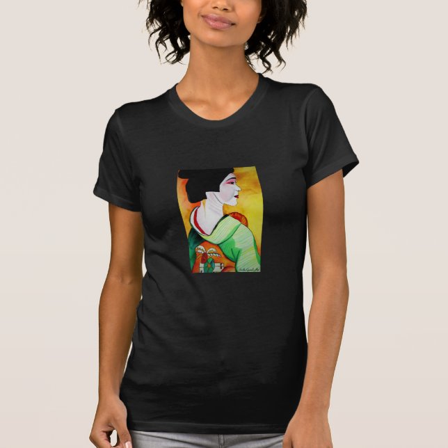 Japanische Geisha mit grüner Kimono-Originalkunst T-Shirt (Vorderseite)
