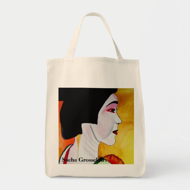 Japanische Geisha mit grüner Kimono-Originalkunst Tragetasche (Vorne)