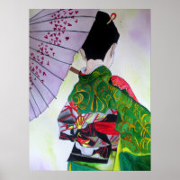 Japanische Geisha mit Kimono und lila Schirm