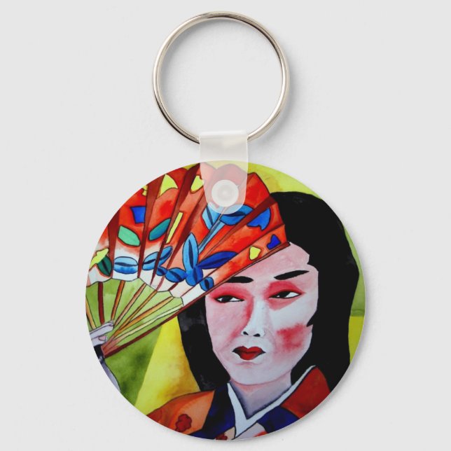 Japanische Geisha mit originaler Aquarellkunst Schlüsselanhänger (Vorderseite)
