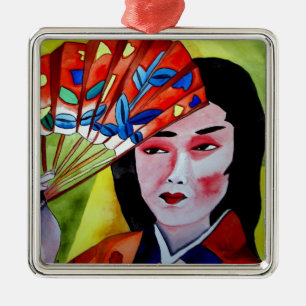 japanische Geisha mit originaler Kunstmalerei Silbernes Ornament