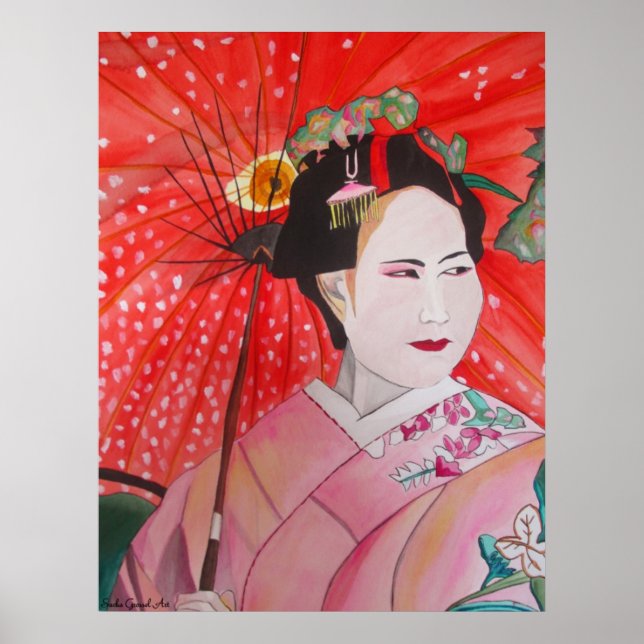 Japanische Geisha mit roter Schirmherrschaft Poster (Vorne)